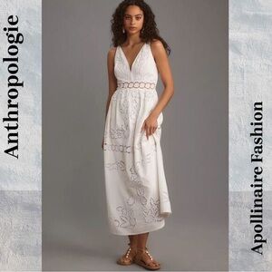 ANTHROPOLOGIE BY Vineet Bahl  V-Neck Floral Cutwork Midi Dress WHITE MED NEW